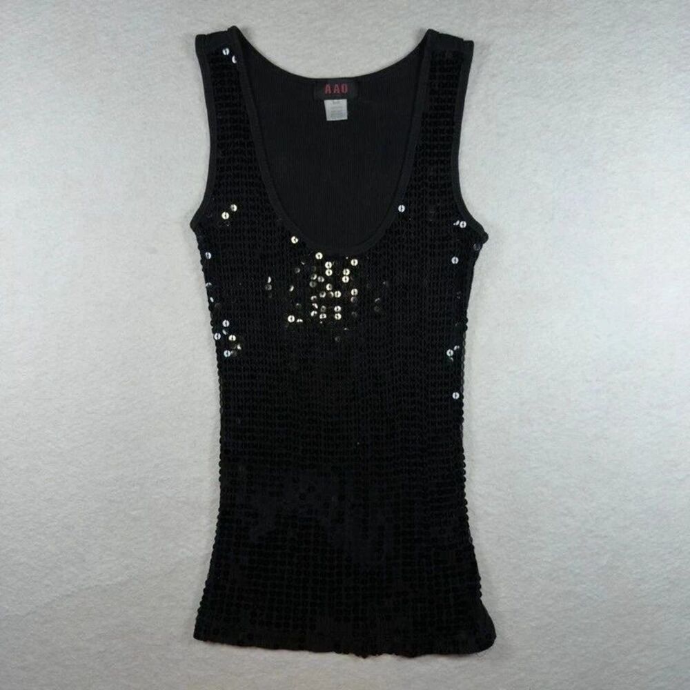 Vintage Y2K AAO Black Ribbed Sequin Scoop Neck Tank Top